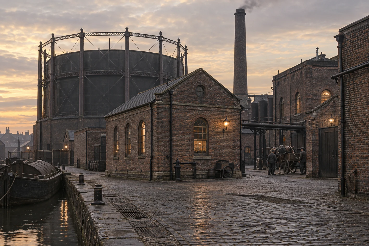 Gasworks & Utilities, c. 1883; AI-generated historical interpretation set in Britain.