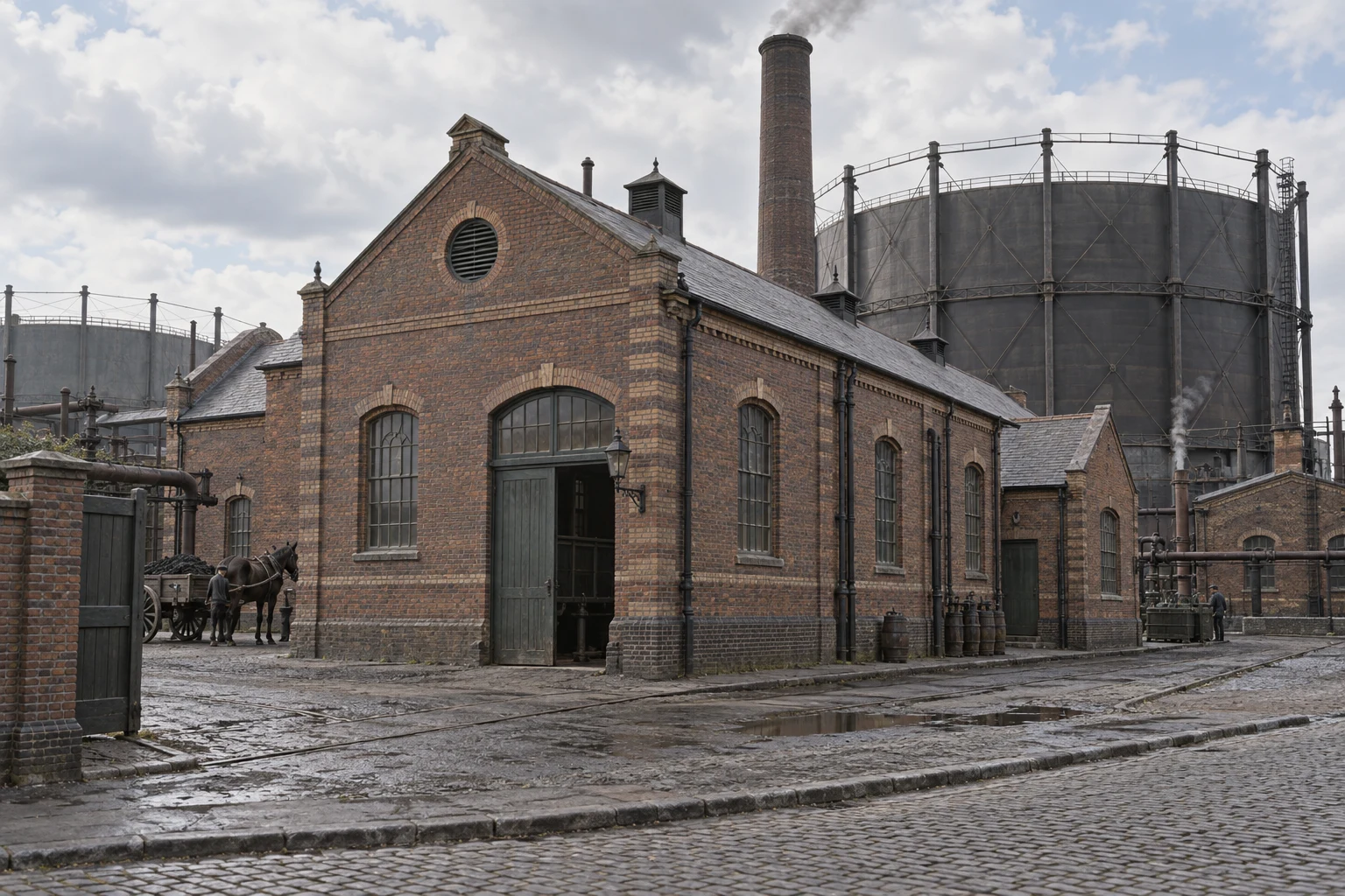Gasworks & Utilities, c. 1907; AI-generated historical interpretation set in Britain.