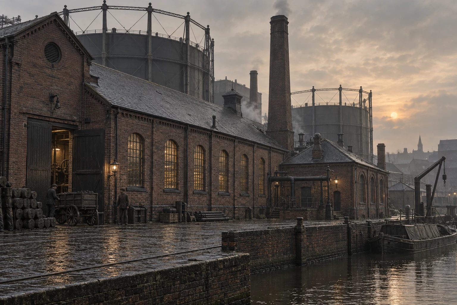 Gasworks & Utilities, c. 1901; AI-generated historical interpretation set in Britain.