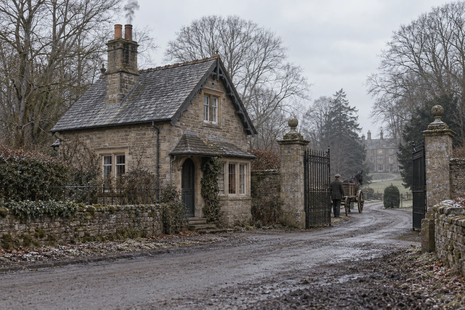 Gatehouses and Lodges, c. 1909; AI-generated historical interpretation set in Britain.