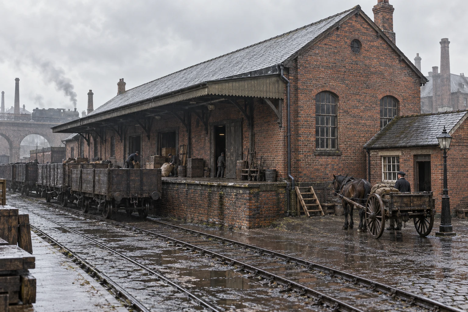 Goods Yards & Sidings, c. 1884; AI-generated historical interpretation set in Britain.