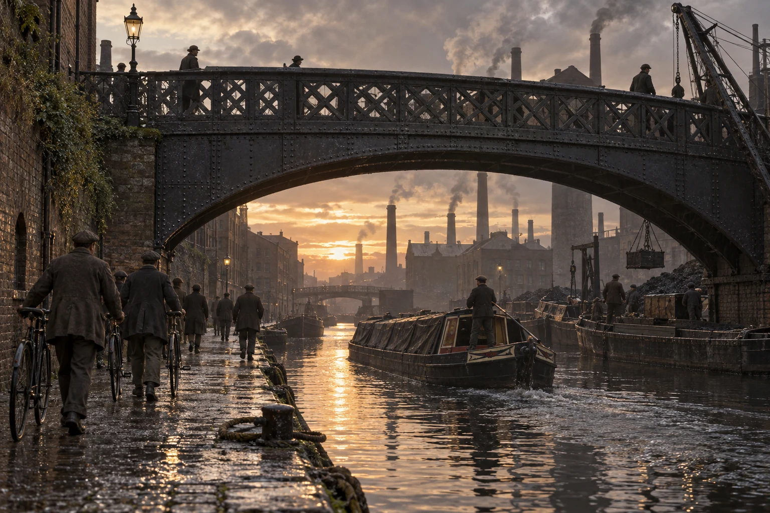 Industrial Canalsides, c. 1909; AI-generated historical interpretation set in Britain.