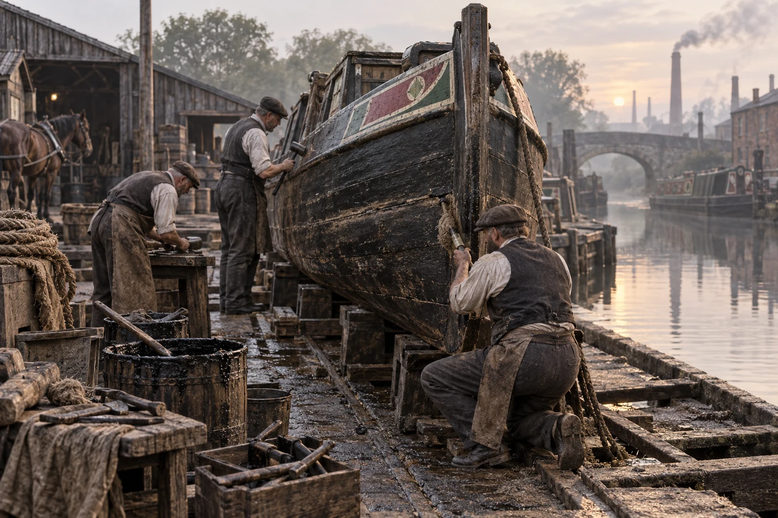 Industrial Canalsides, c. 1890; AI-generated historical interpretation set in Britain.