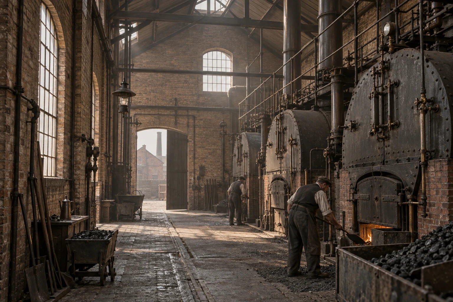Industrial Interiors, c. 1908; AI-generated historical interpretation set in Britain.