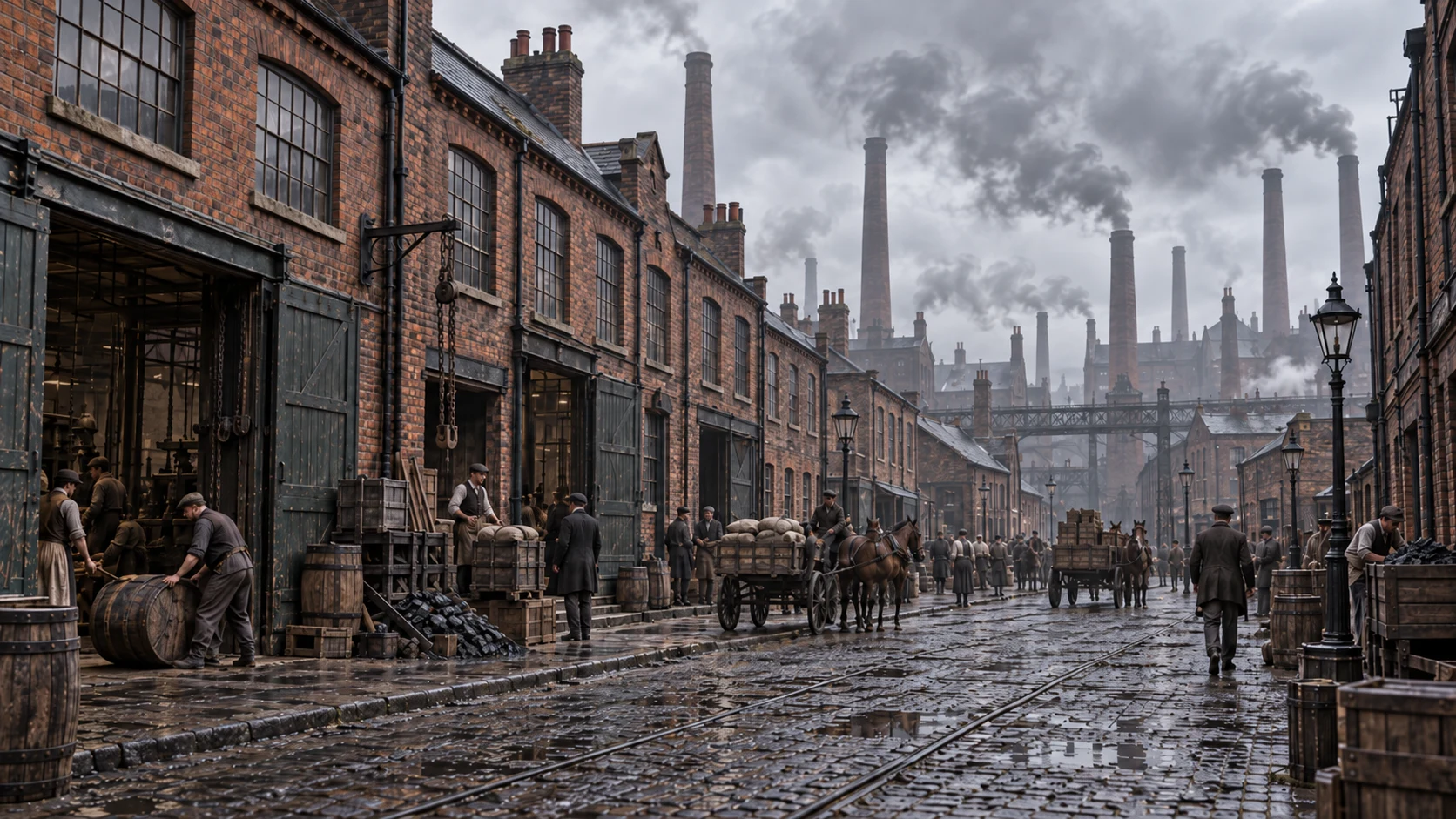 AI-generated interpretation of a wet cobbled industrial street with workshops, workers, carts, rails and smoking chimneys.