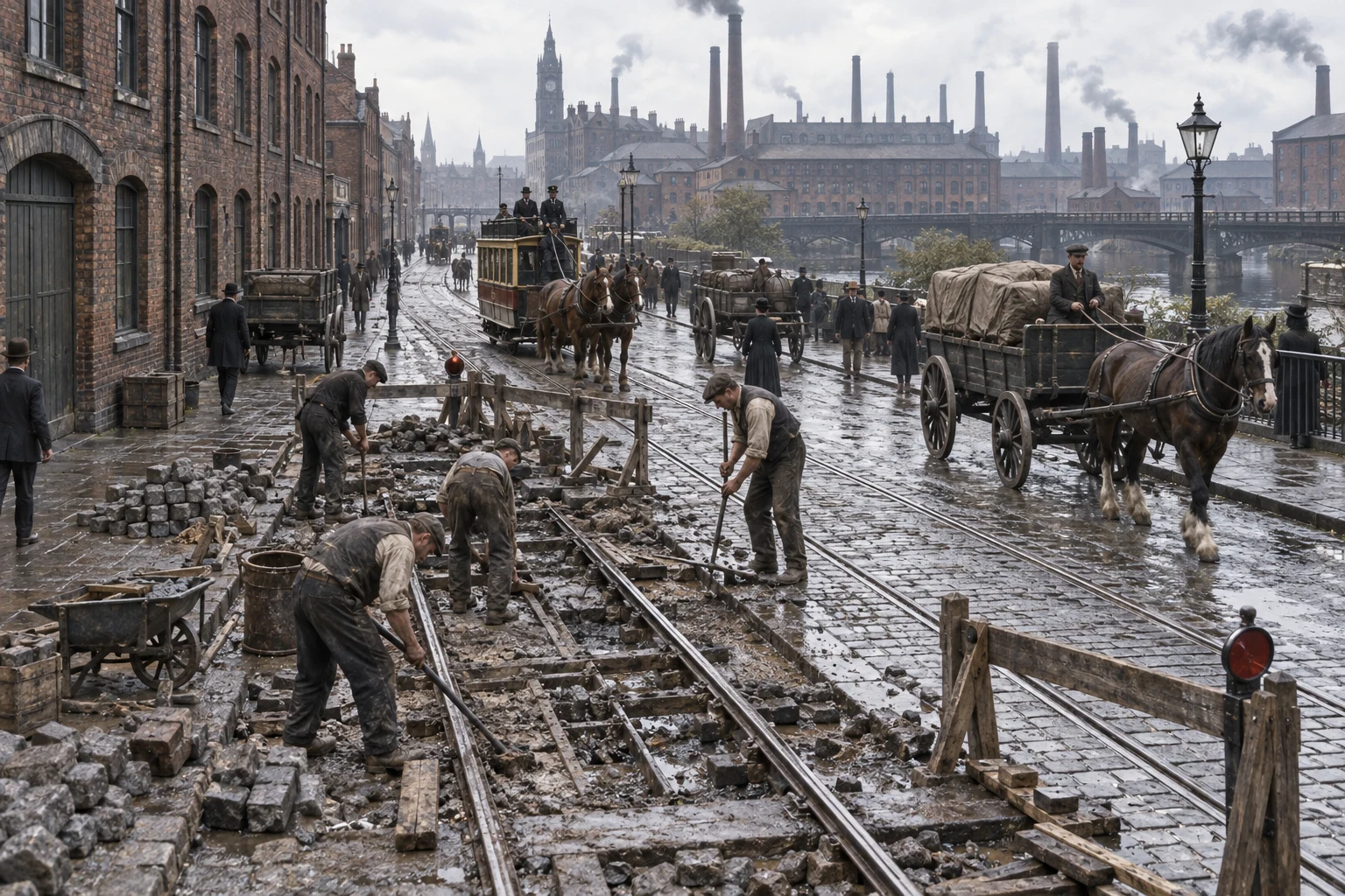 Industrial Streets, c. 1908; AI-generated historical interpretation set in Britain.