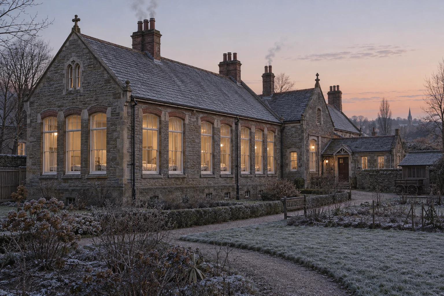 Institutional Buildings, c. 1908; AI-generated historical interpretation set in Britain.
