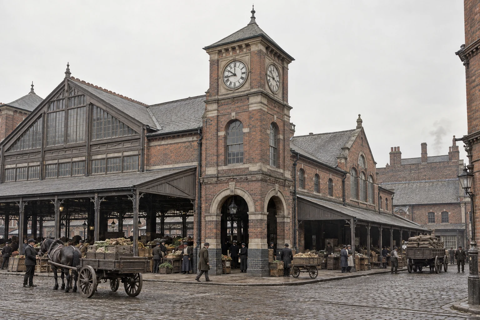 Markets, c. 1905; AI-generated historical interpretation set in Britain.