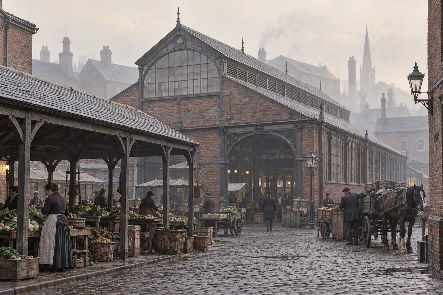 Markets, c. 1889; AI-generated historical interpretation set in Britain.