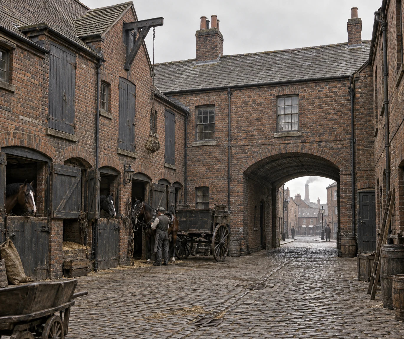 Mews & Service Yards, c. 1883; AI-generated historical interpretation set in Britain.