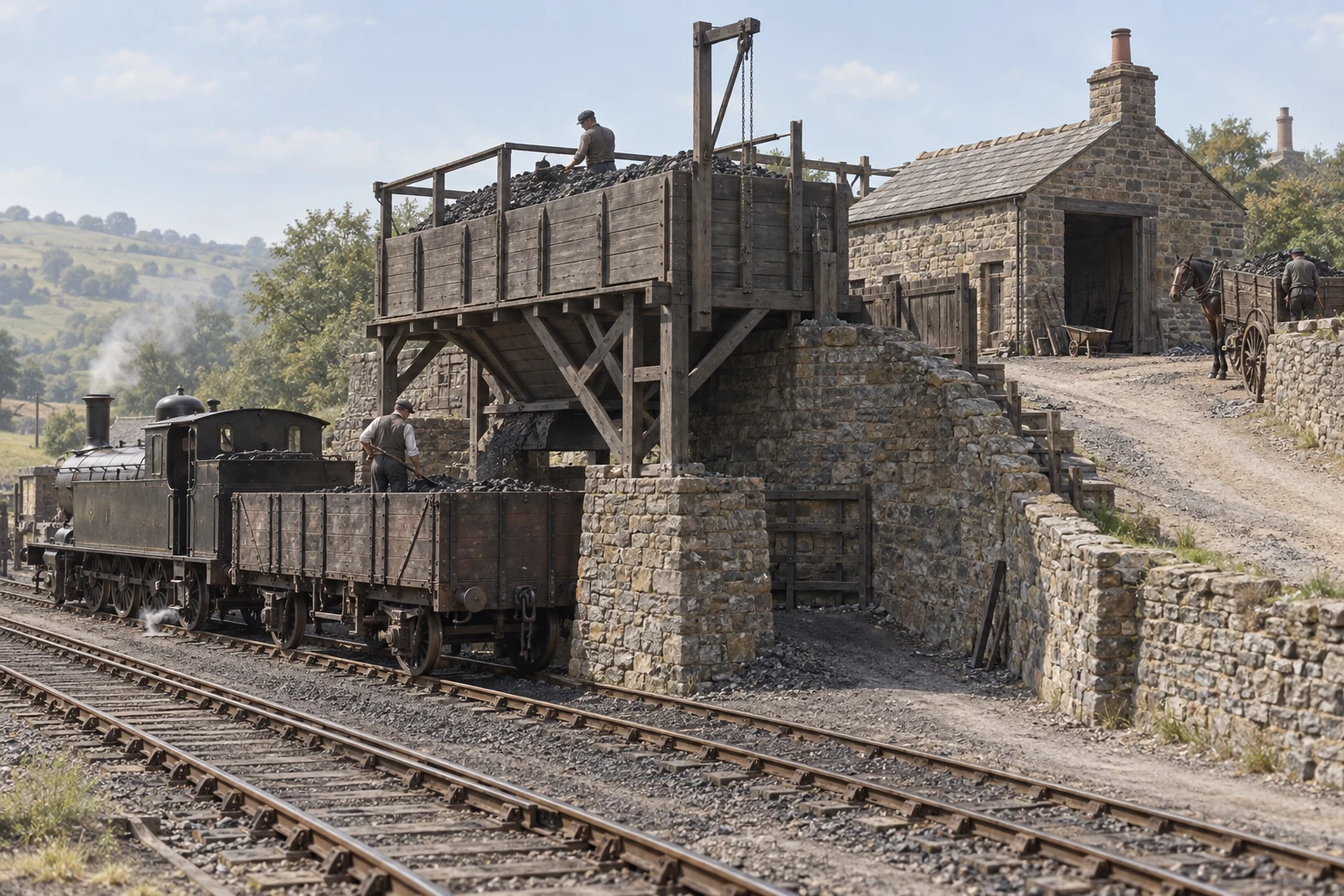 Railway Buildings, c. 1902; AI-generated historical interpretation set in Britain.