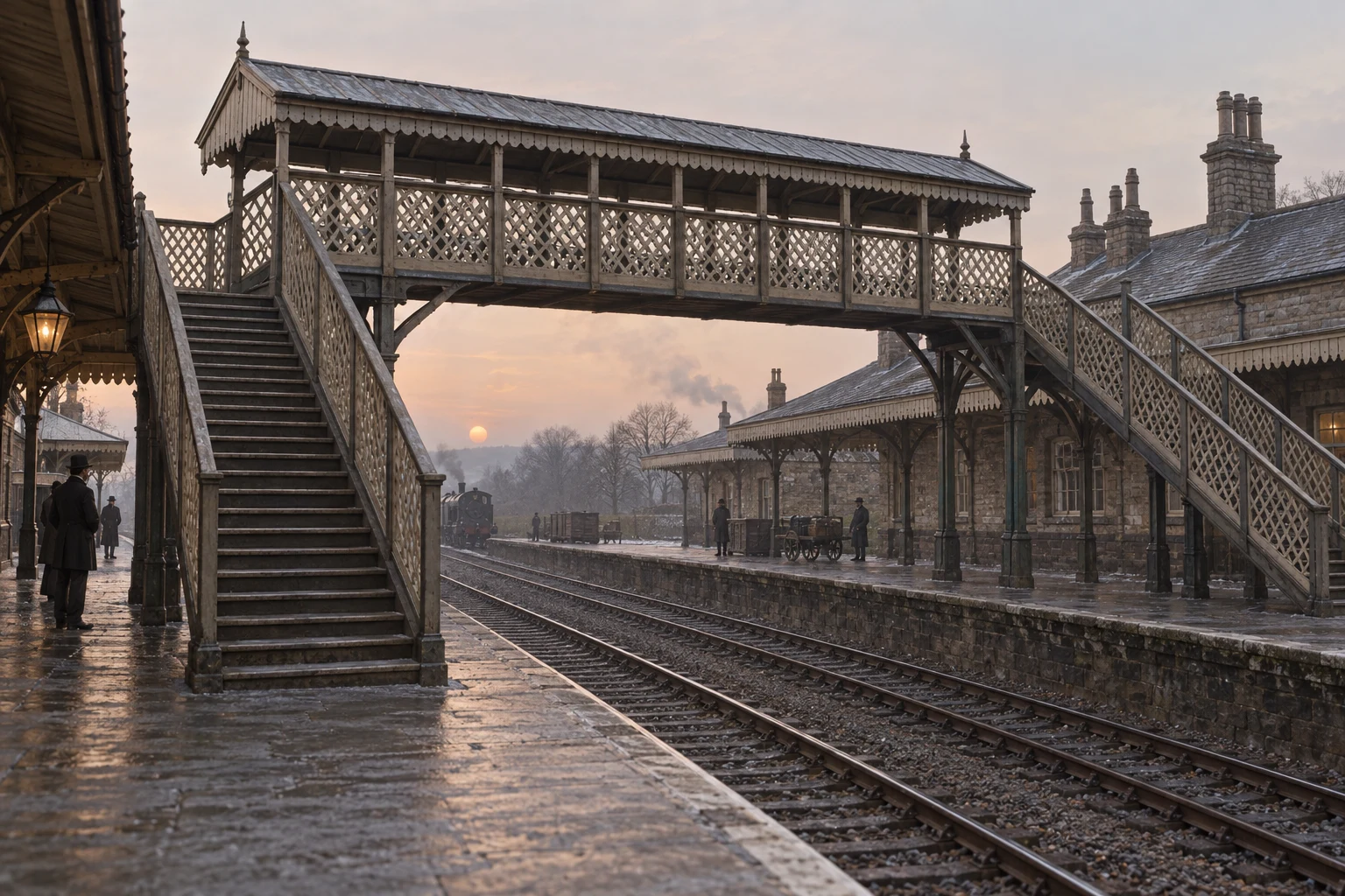 Railway Buildings, c. 1889; AI-generated historical interpretation set in Britain.