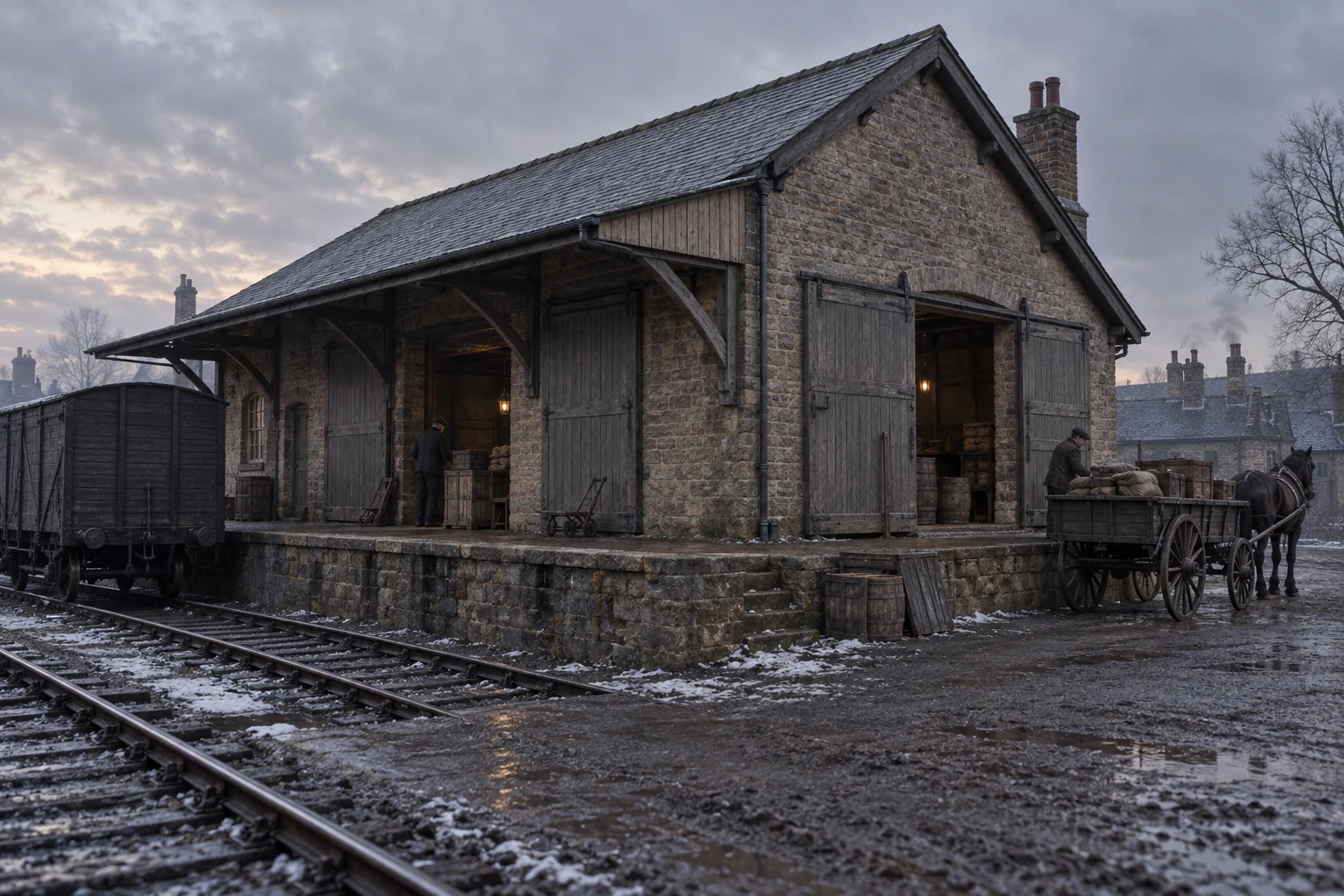 Railway Buildings, c. 1900; AI-generated historical interpretation set in Britain.