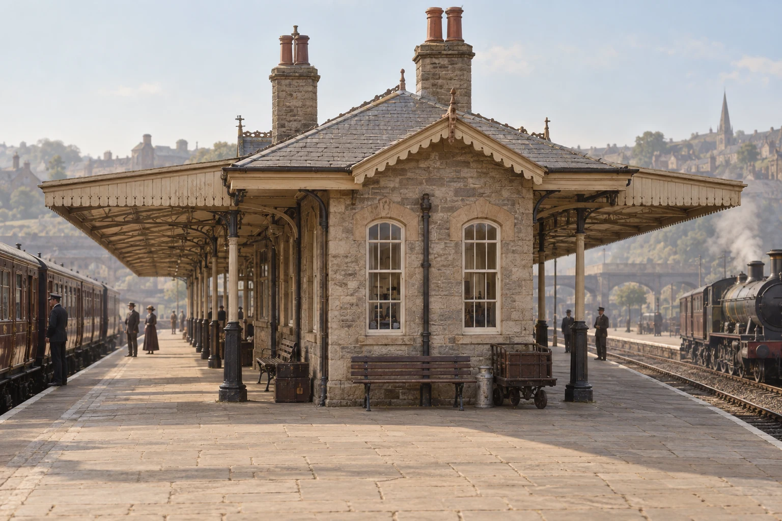 Railway Buildings, c. 1906; AI-generated historical interpretation set in Britain.