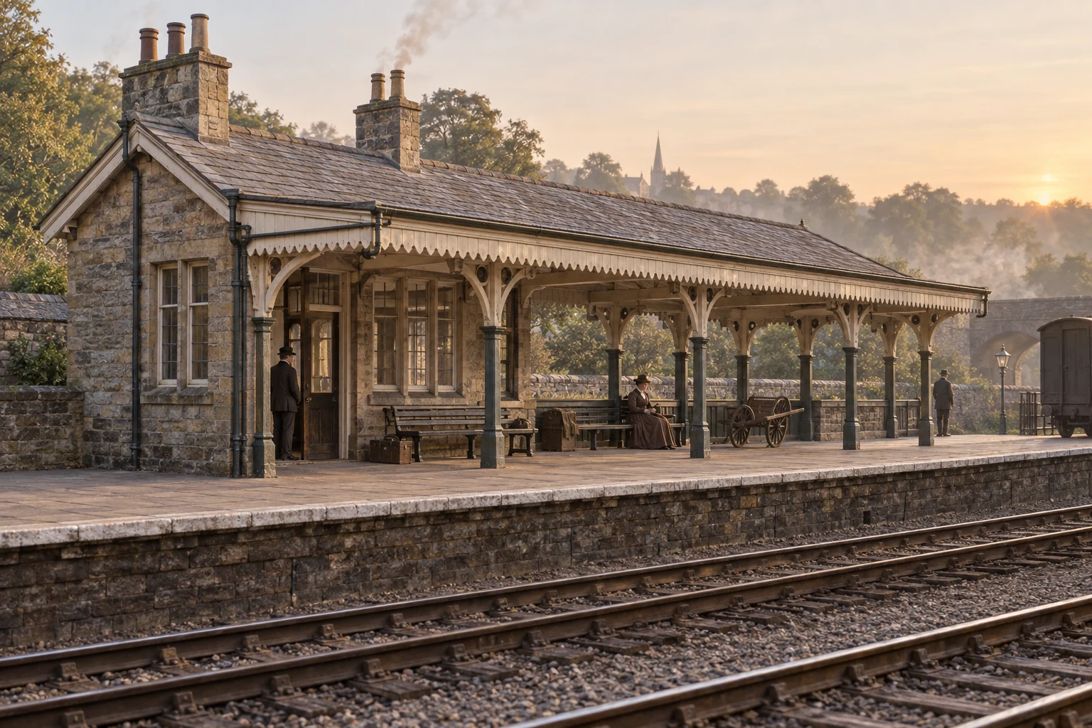 Railway Buildings, c. 1892; AI-generated historical interpretation set in Britain.