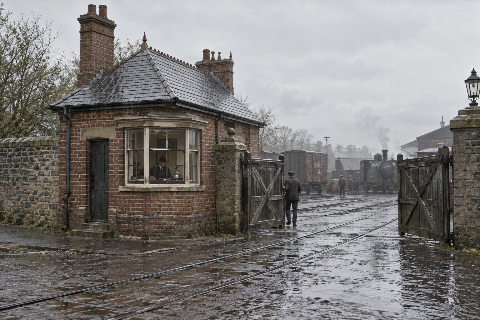 Railway Buildings, c. 1897; AI-generated historical interpretation set in Britain.