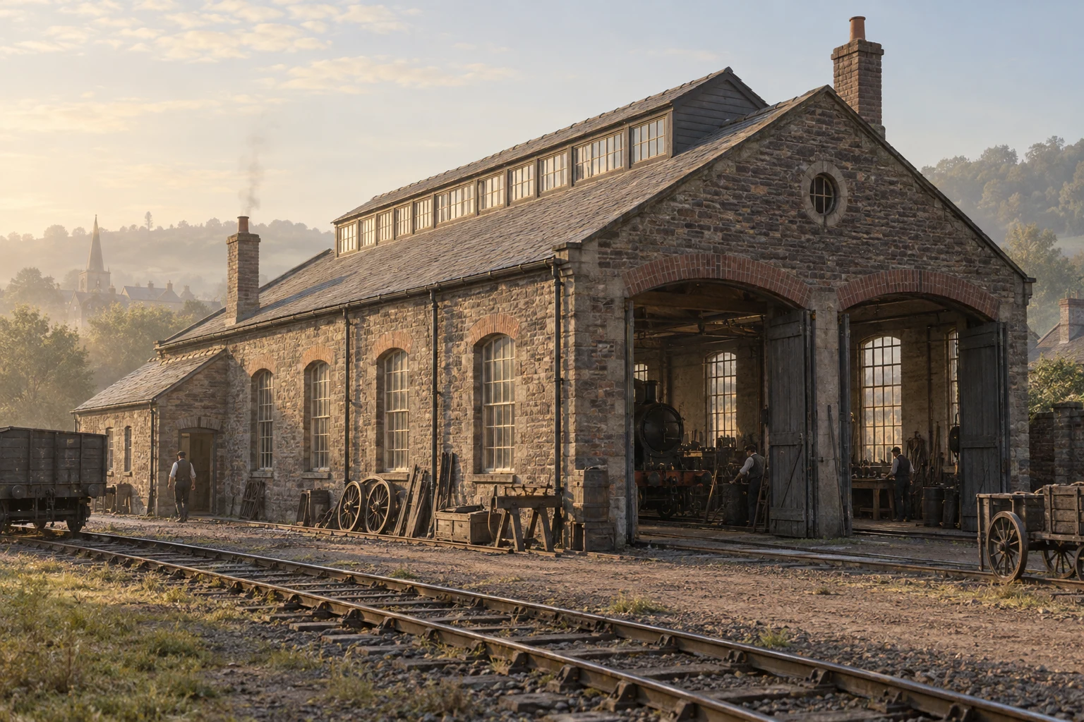 Railway Buildings, c. 1880; AI-generated historical interpretation set in Britain.