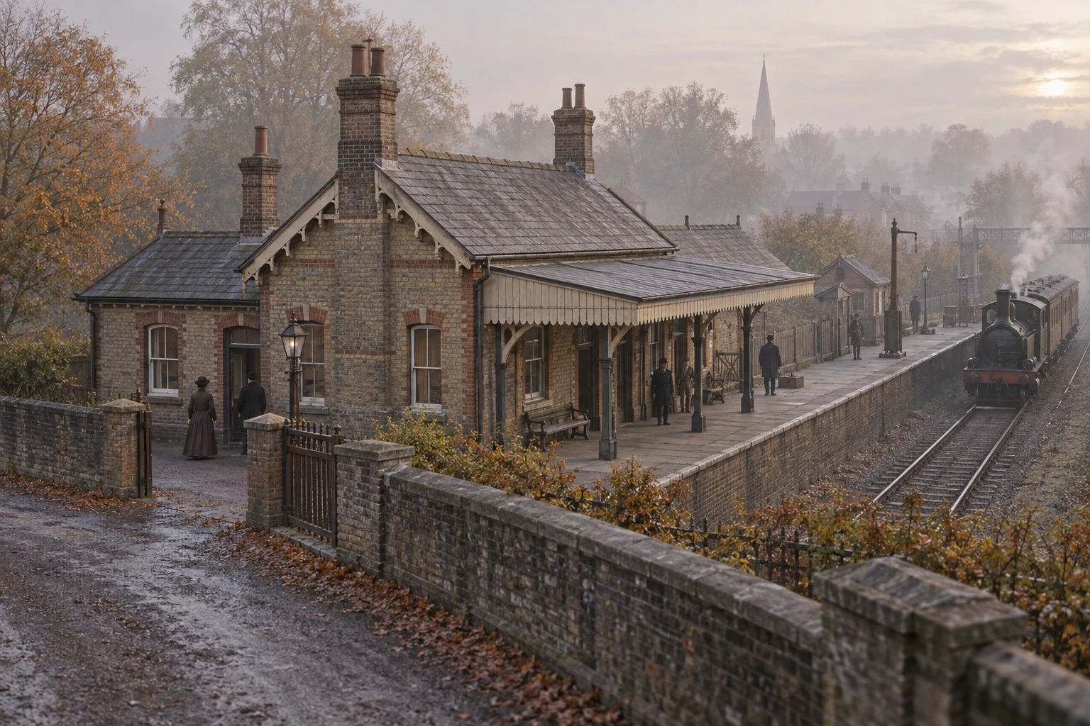 Railway Buildings, c. 1881; AI-generated historical interpretation set in Britain.