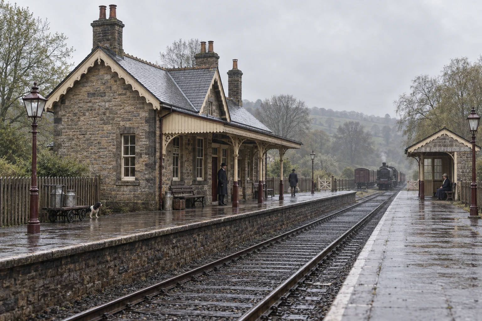 Railway Buildings, c. 1910; AI-generated historical interpretation set in Britain.
