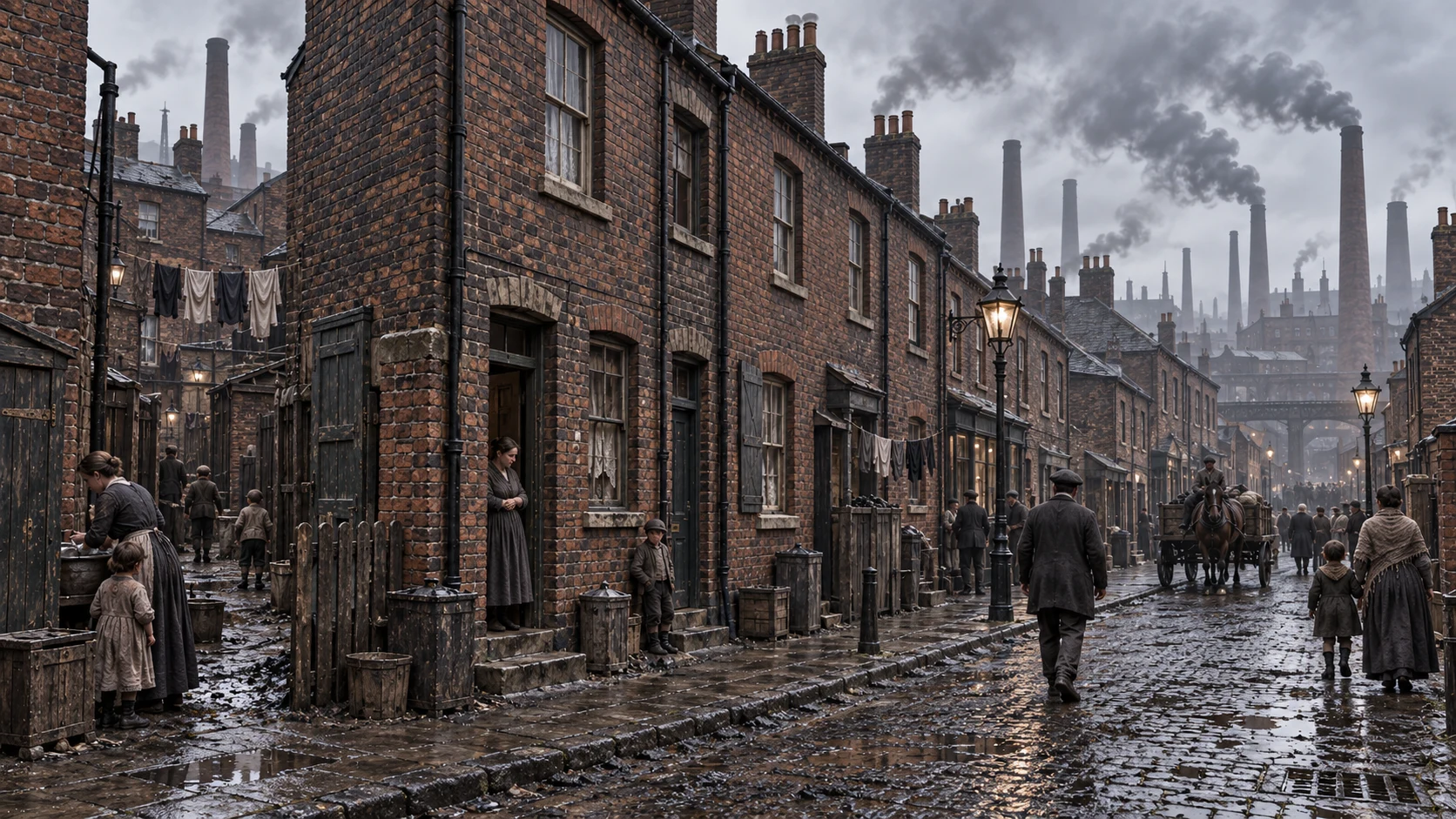AI-generated interpretation of a wet cobbled residential street with brick terraces, pedestrians, laundry and distant smoking chimneys.