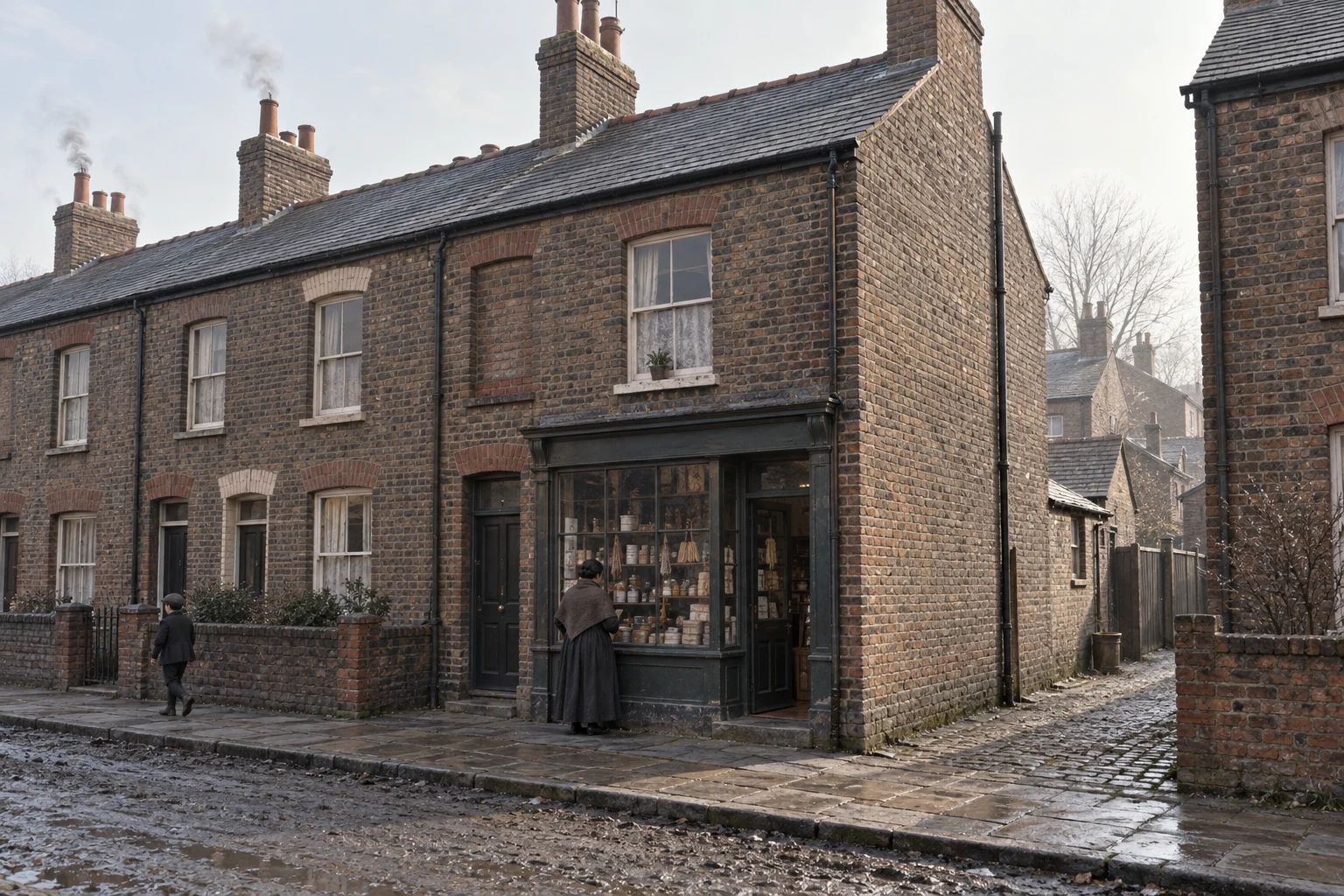 Shop Houses, c. 1908; AI-generated historical interpretation set in Britain.