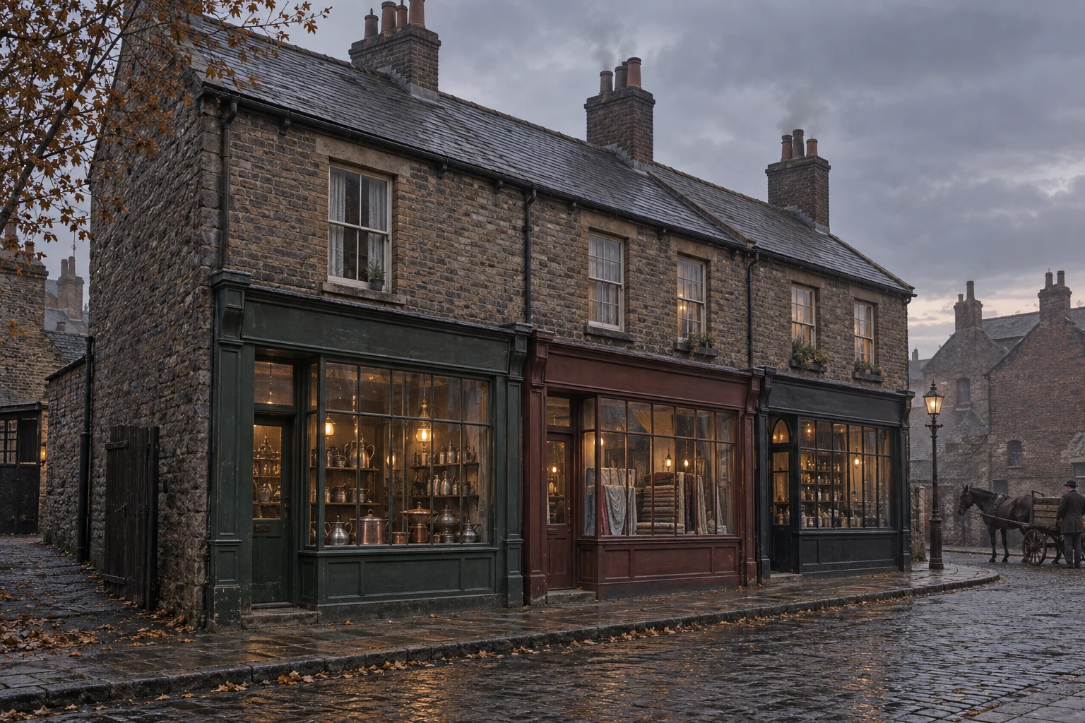 Shop Houses, c. 1895; AI-generated historical interpretation set in Britain.