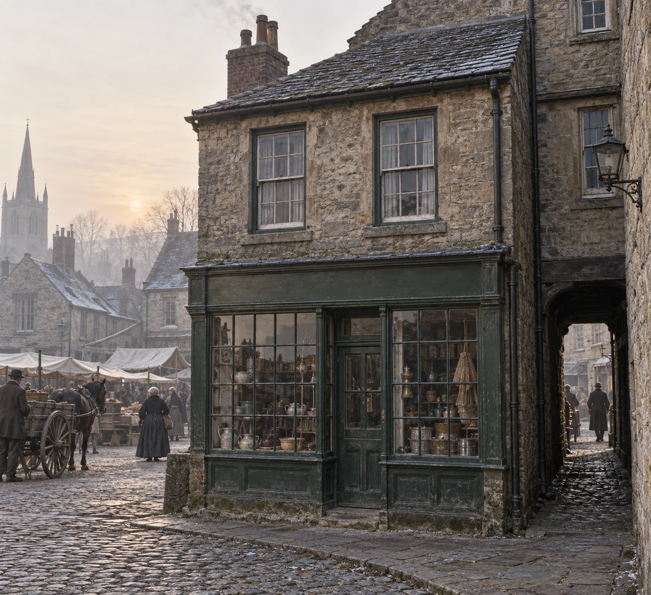 Shops, c. 1895; AI-generated historical interpretation set in Britain.