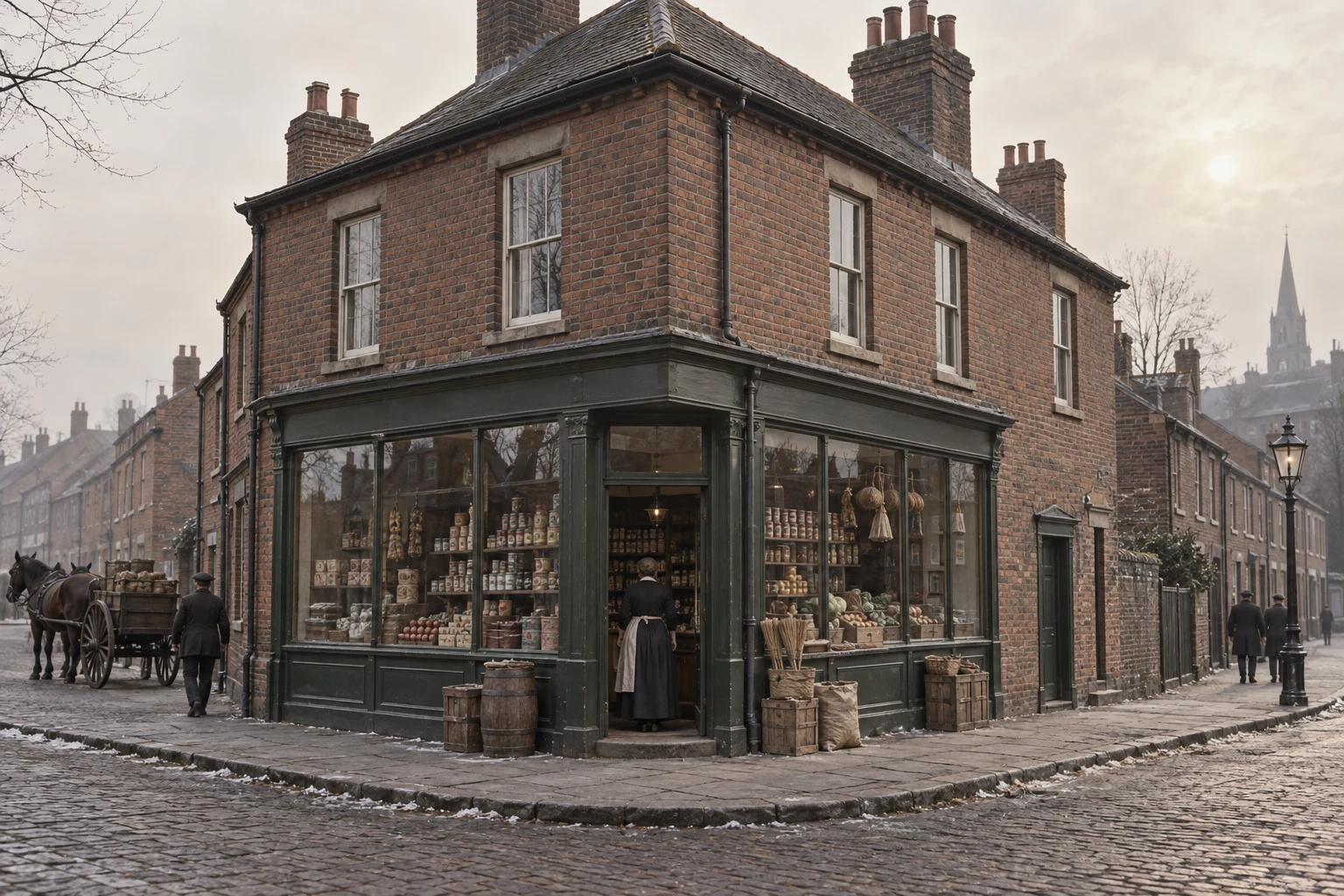 Shops, c. 1904; AI-generated historical interpretation set in Britain.