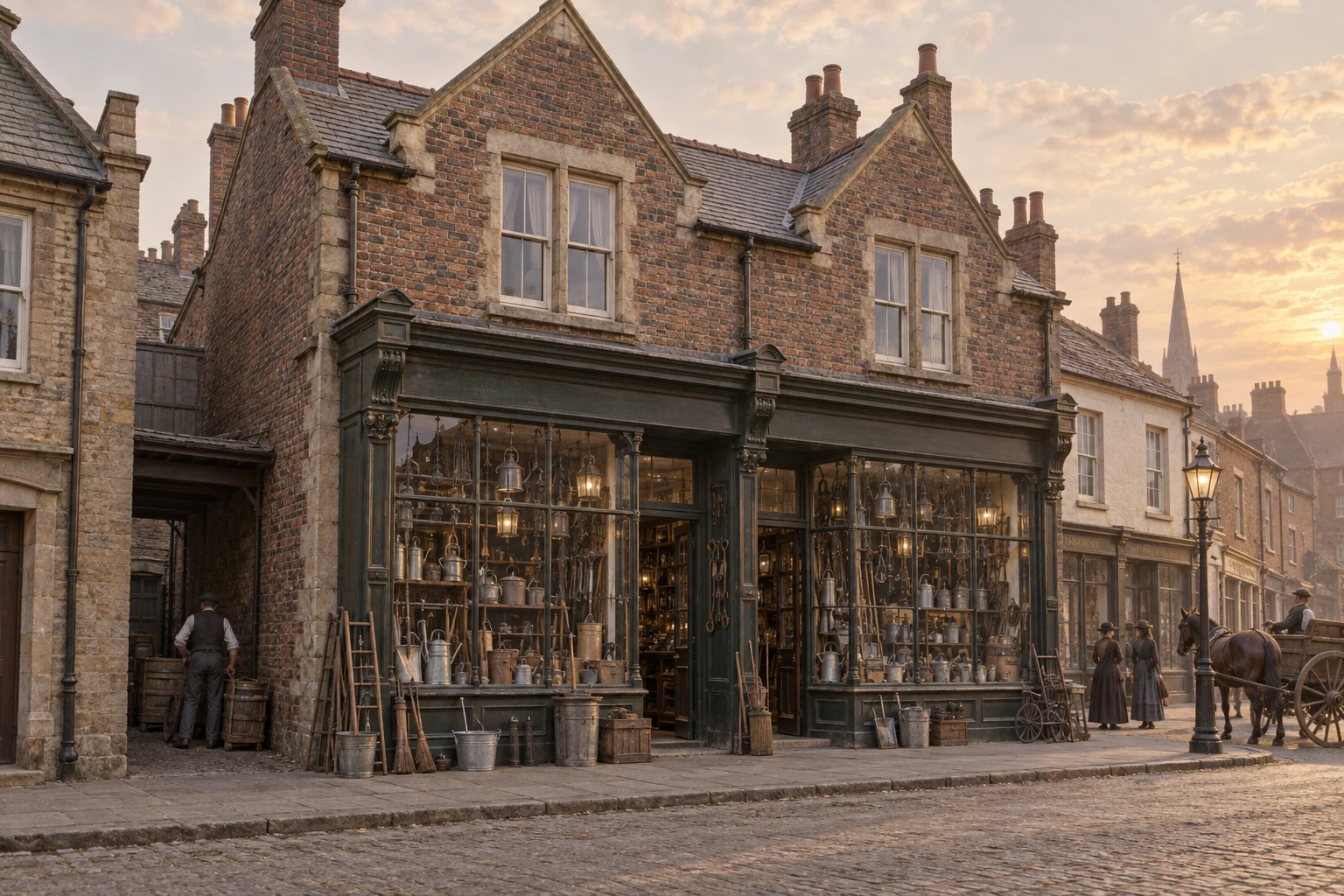 Shops, c. 1891; AI-generated historical interpretation set in Britain.