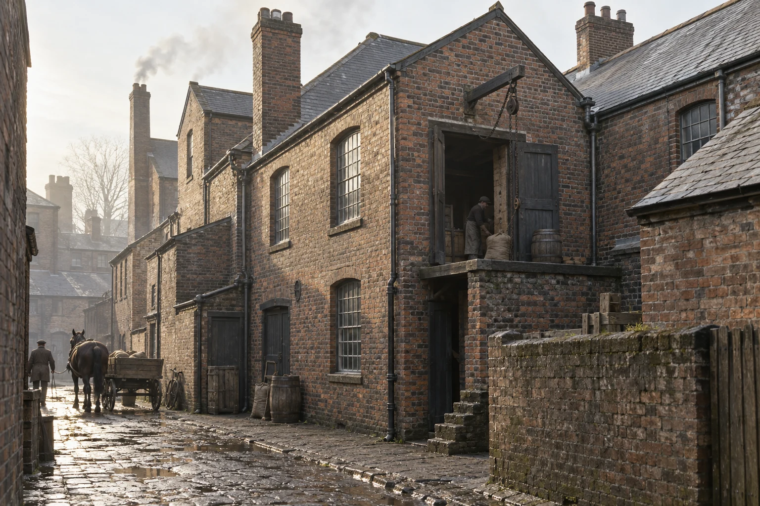 Small Factories, c. 1900; AI-generated historical interpretation set in Britain.