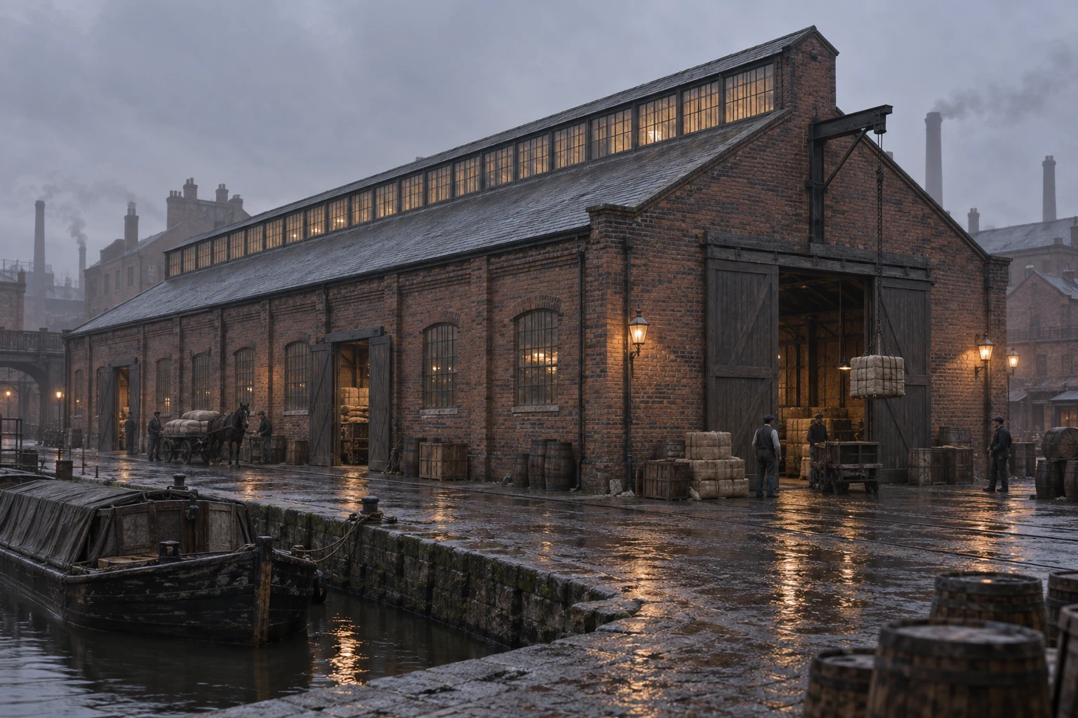 Warehouses & Depots, c. 1904; AI-generated historical interpretation set in Britain.
