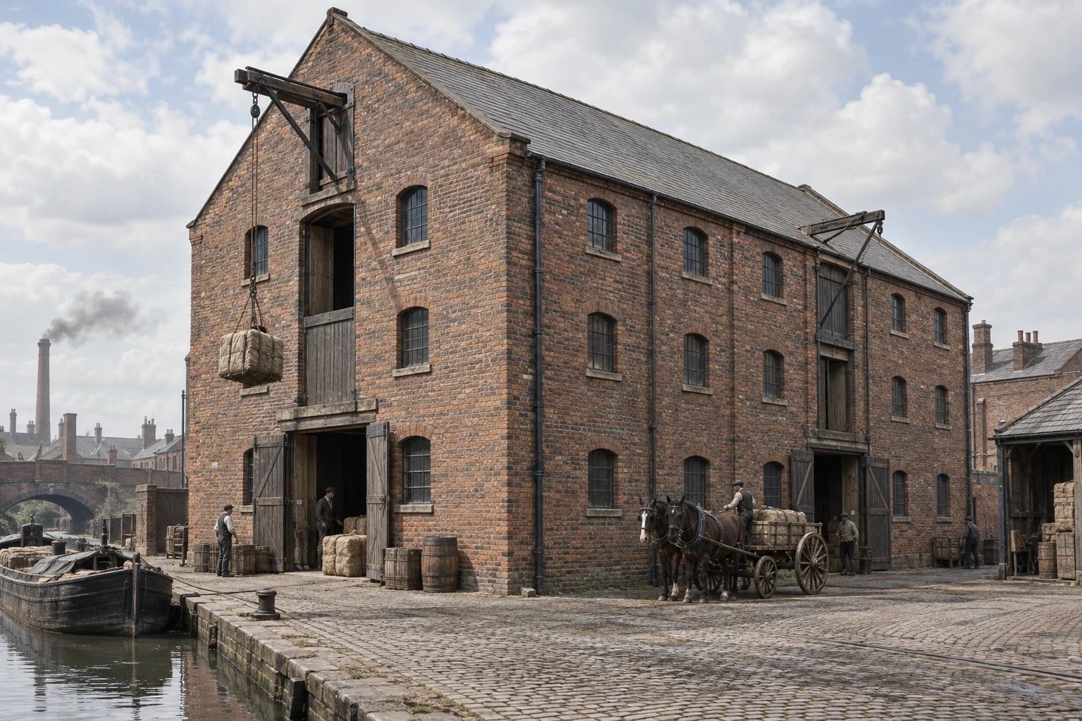 Warehouses & Depots, c. 1886; AI-generated historical interpretation set in Britain.