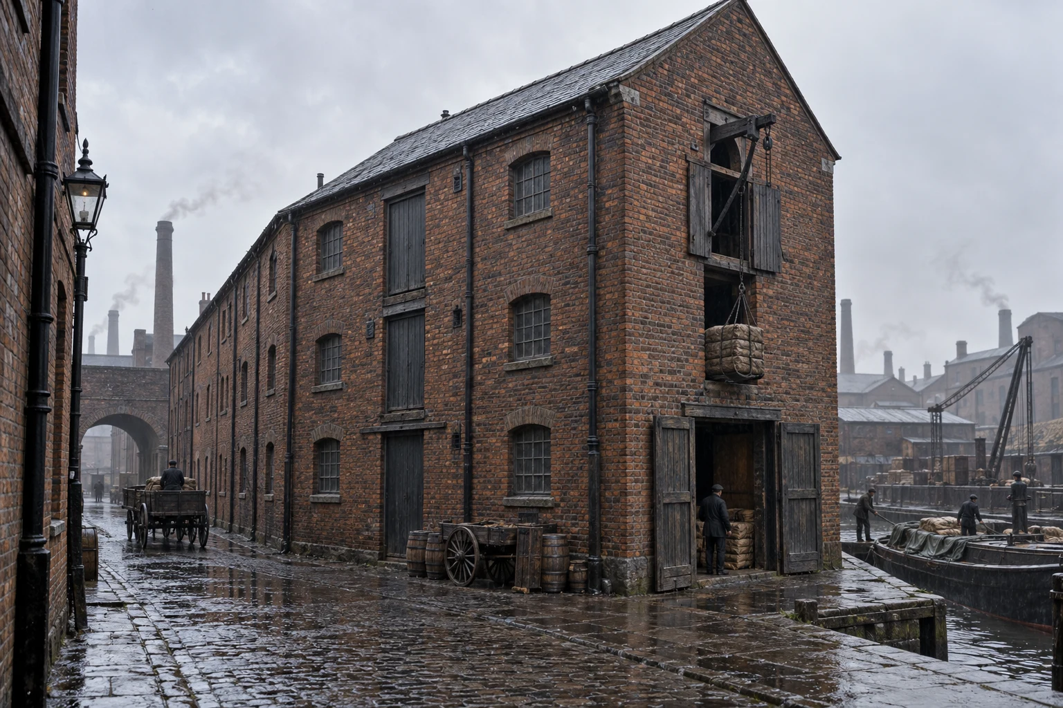 Warehouses & Depots, c. 1893; AI-generated historical interpretation set in Britain.