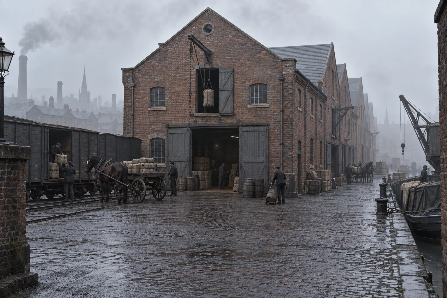 Warehouses & Depots, c. 1883; AI-generated historical interpretation set in Britain.