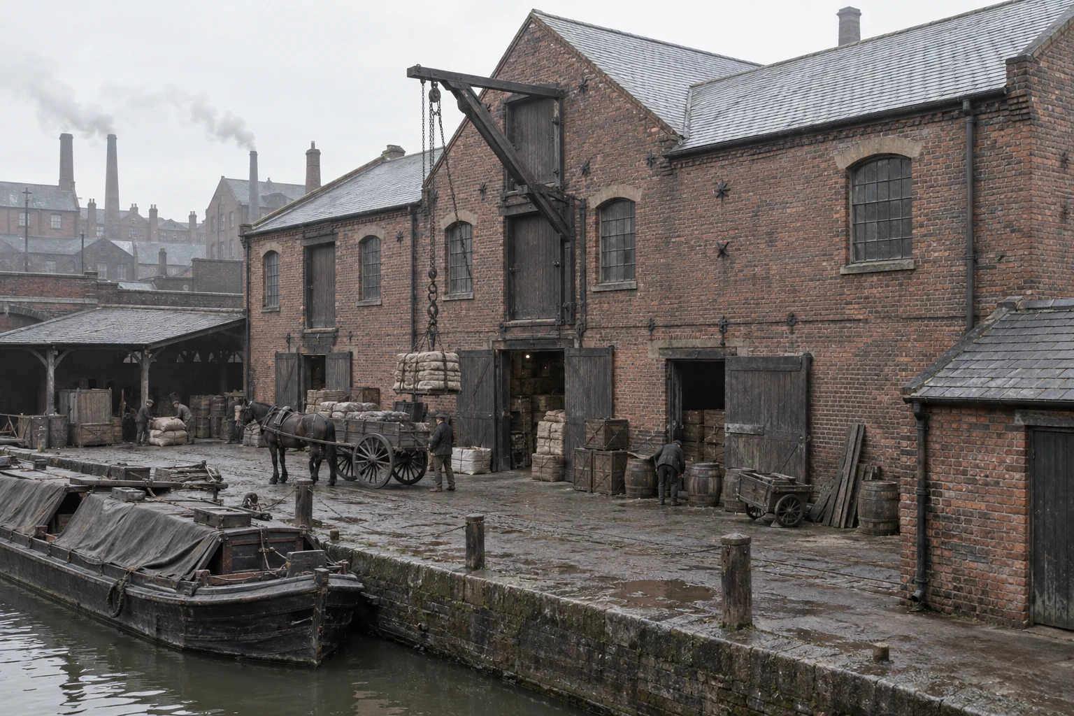 Warehouses & Depots, c. 1905; AI-generated historical interpretation set in Britain.