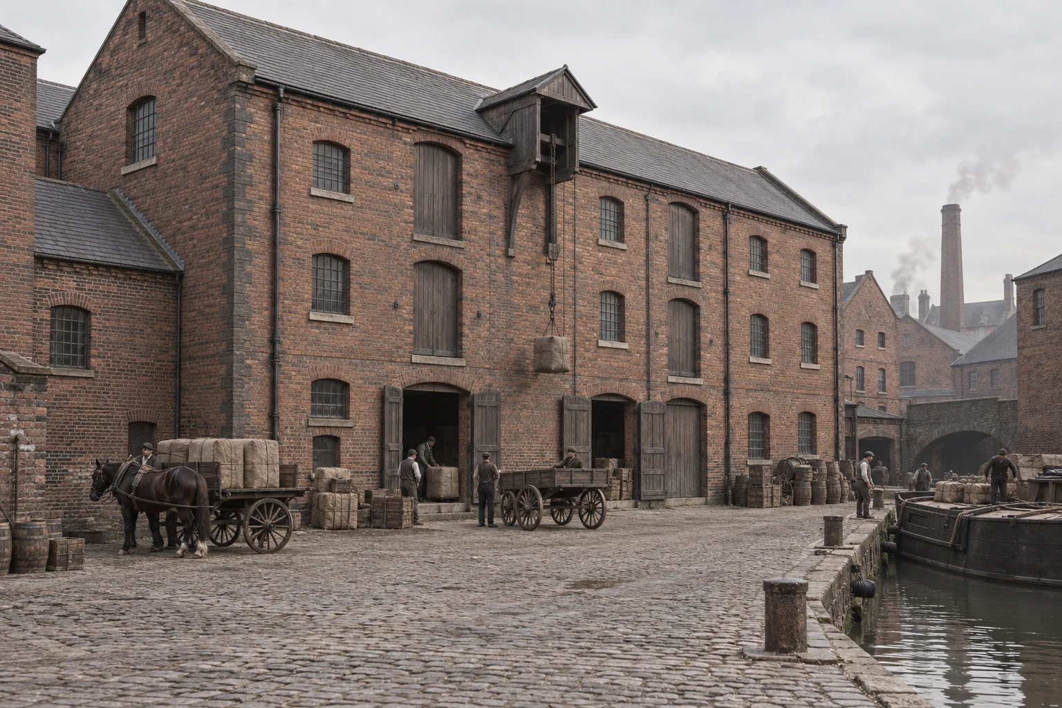 Warehouses & Depots, c. 1884; AI-generated historical interpretation set in Britain.