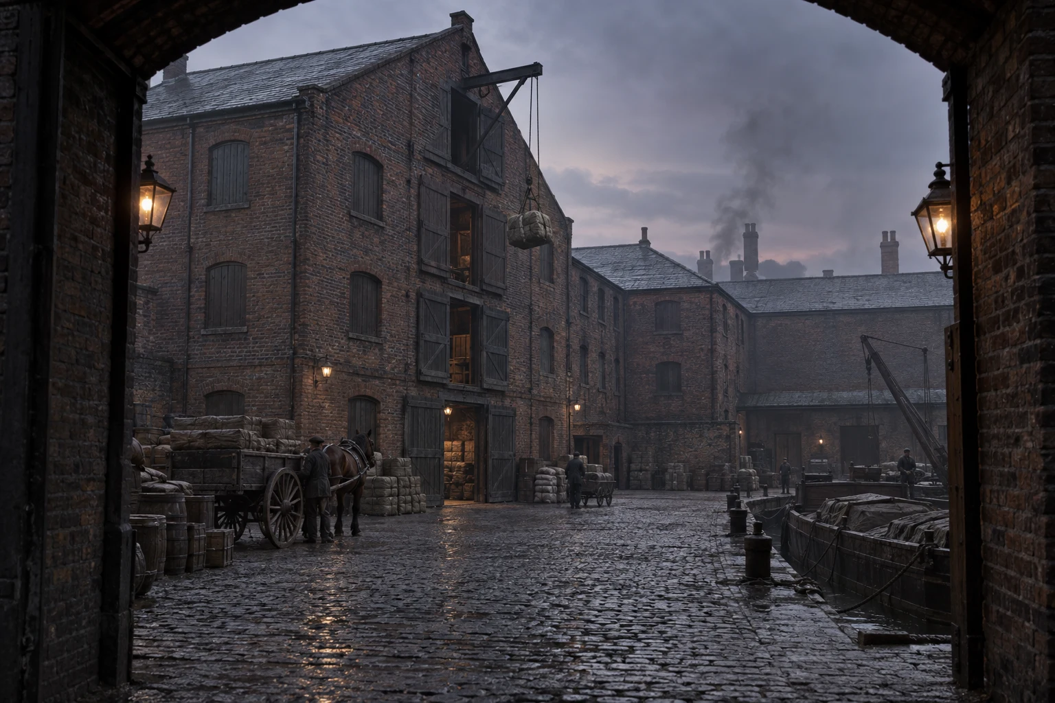 Warehouses & Depots, c. 1890; AI-generated historical interpretation set in Britain.