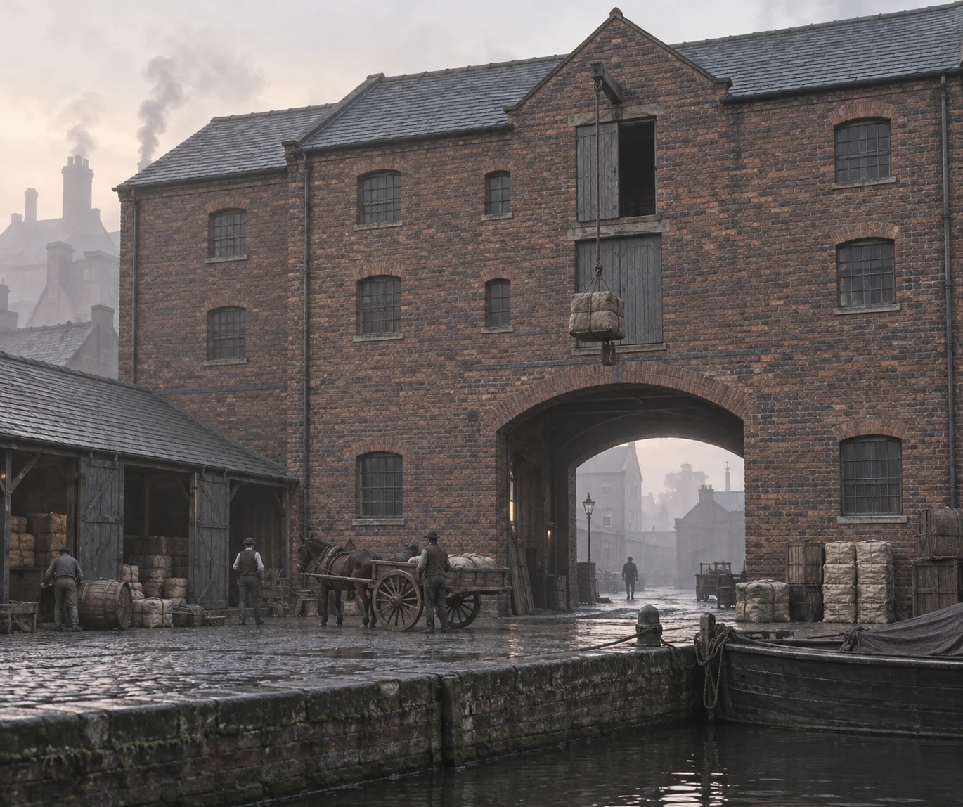 Warehouses & Depots, c. 1883; AI-generated historical interpretation set in Britain.