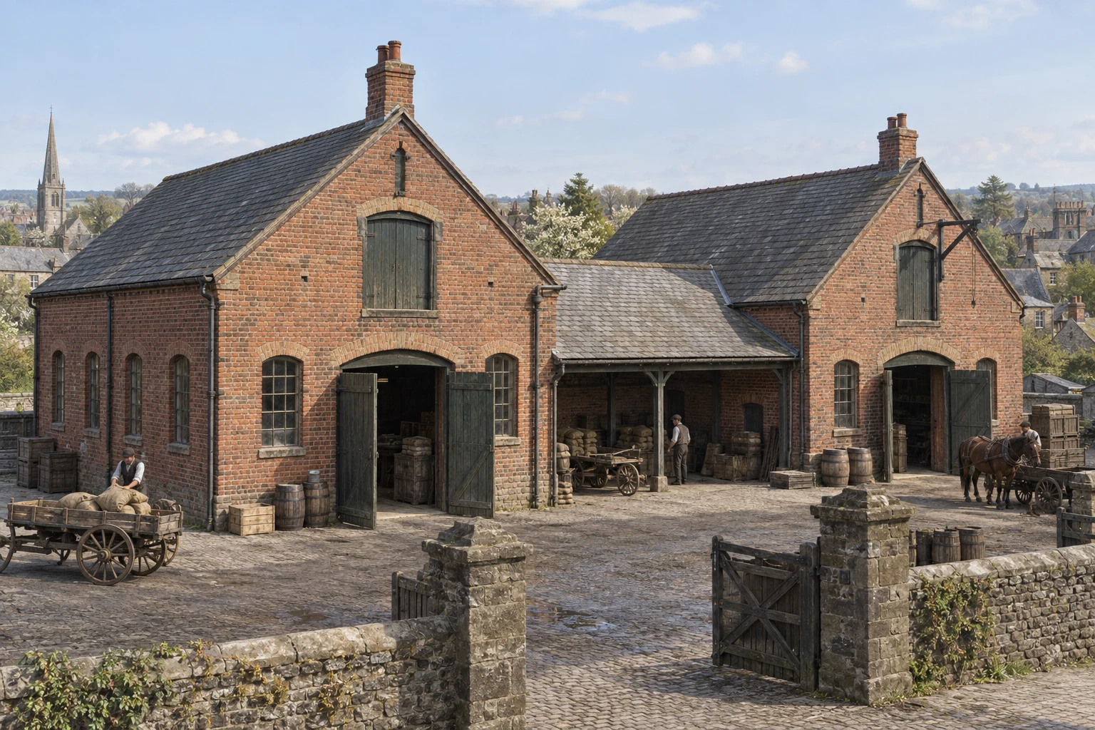 Warehouses, c. 1898; AI-generated historical interpretation set in Britain.
