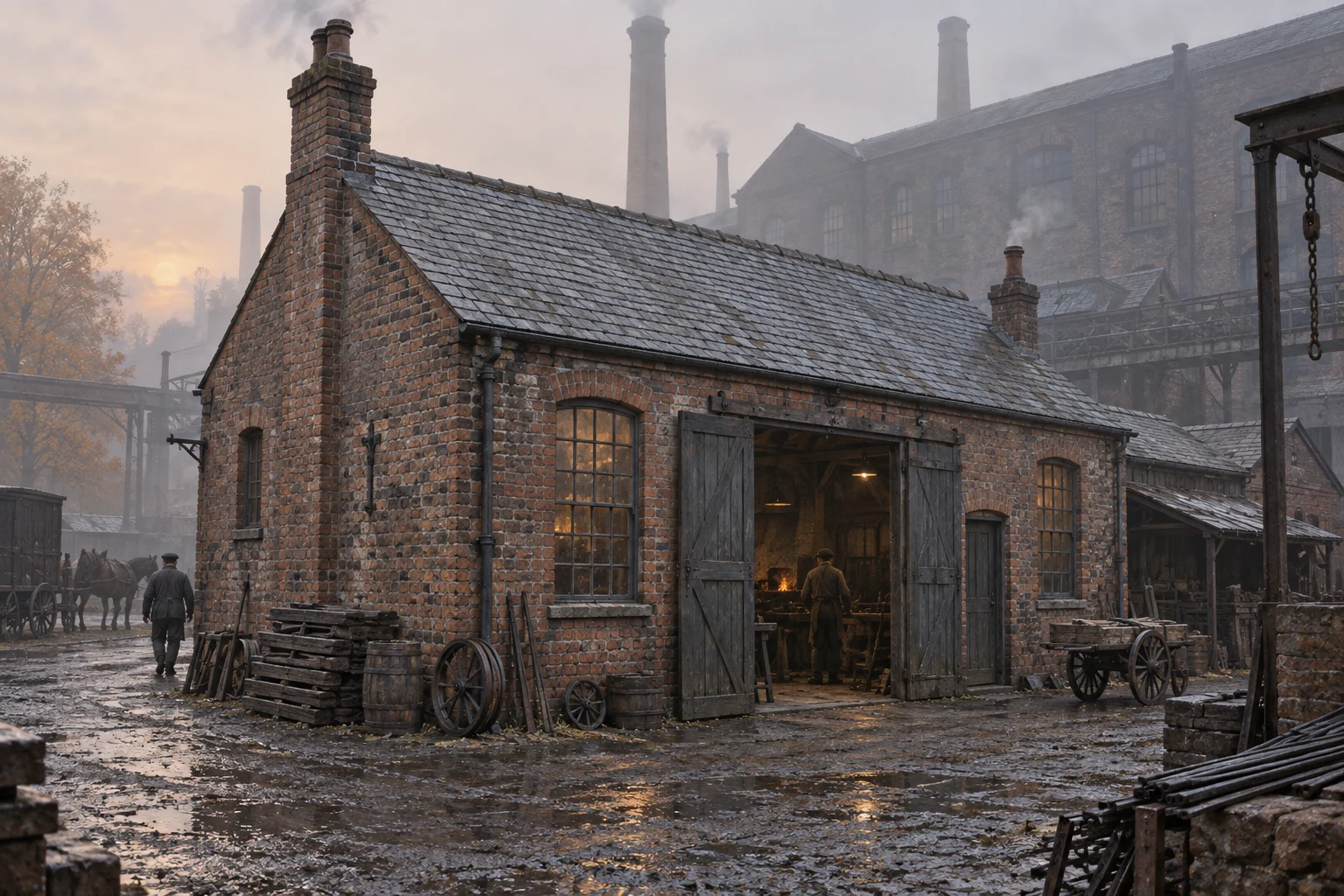 Workshops, c. 1885; AI-generated historical interpretation set in Britain.