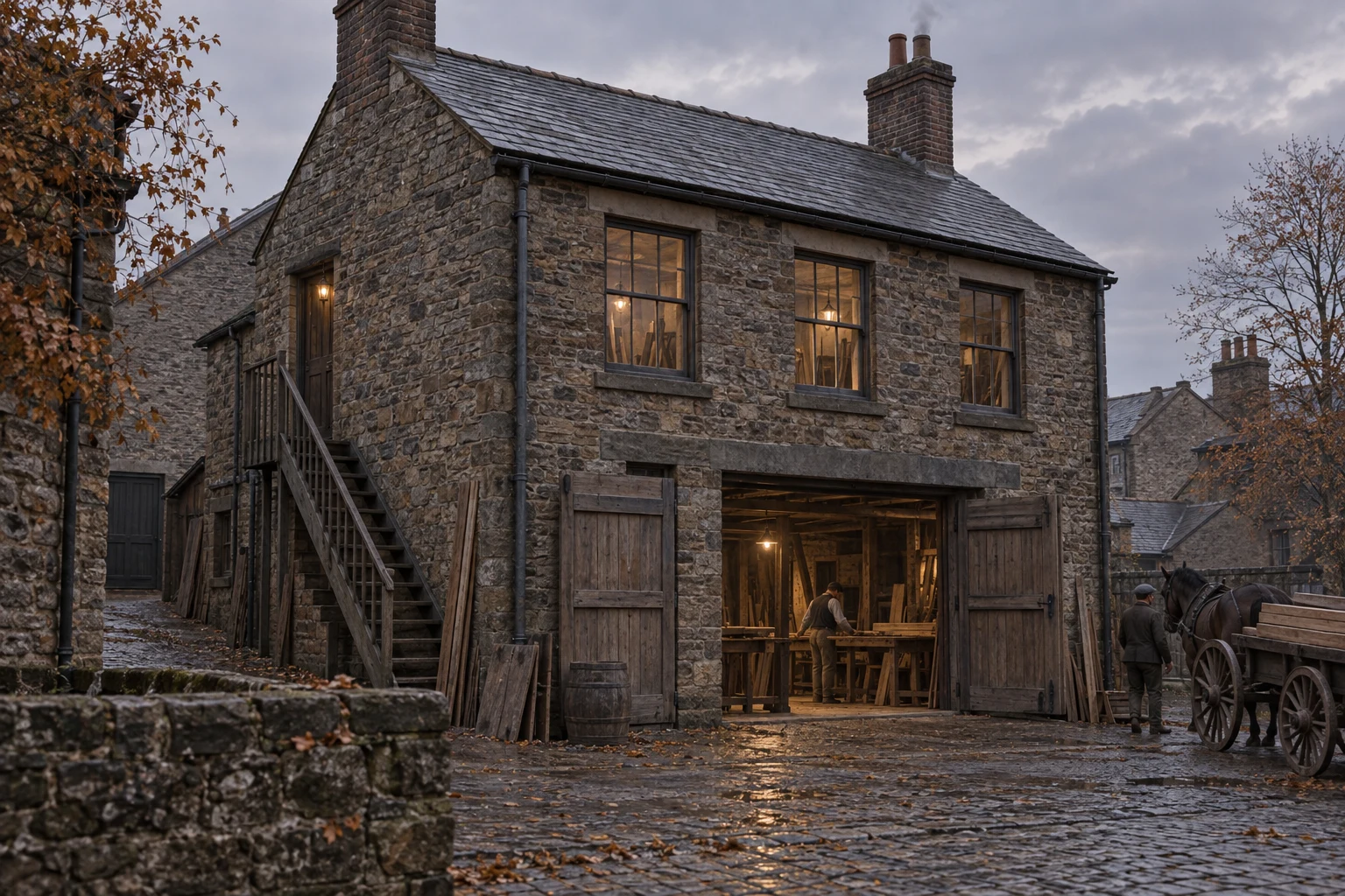 Workshops, c. 1904; AI-generated historical interpretation set in Britain.