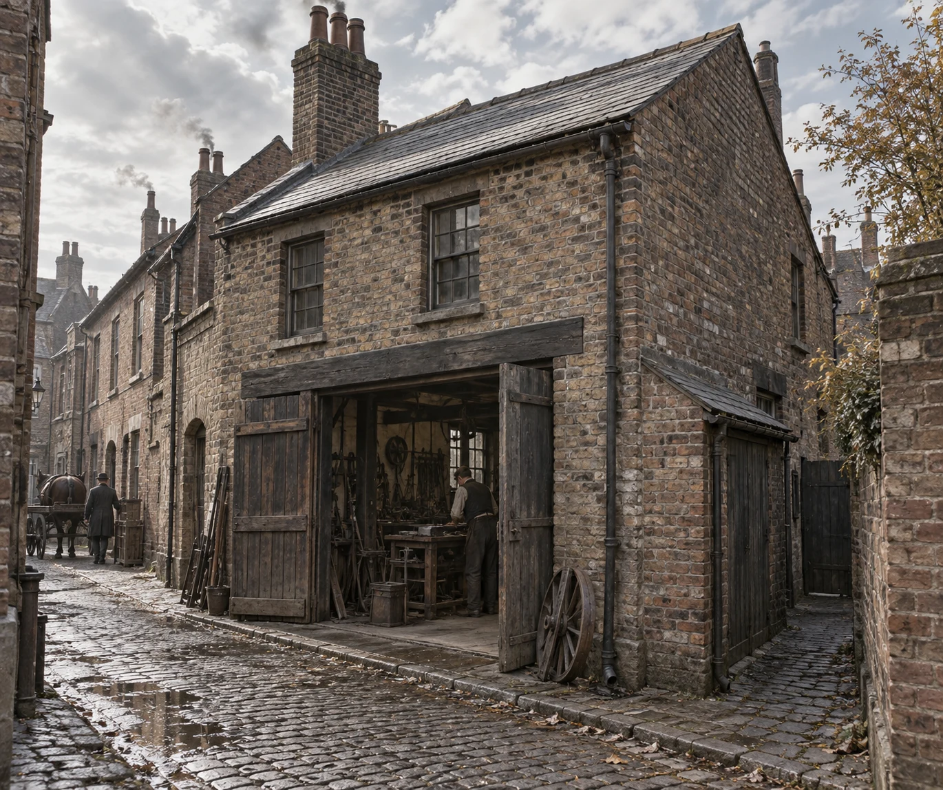 Workshops, c. 1897; AI-generated historical interpretation set in Britain.