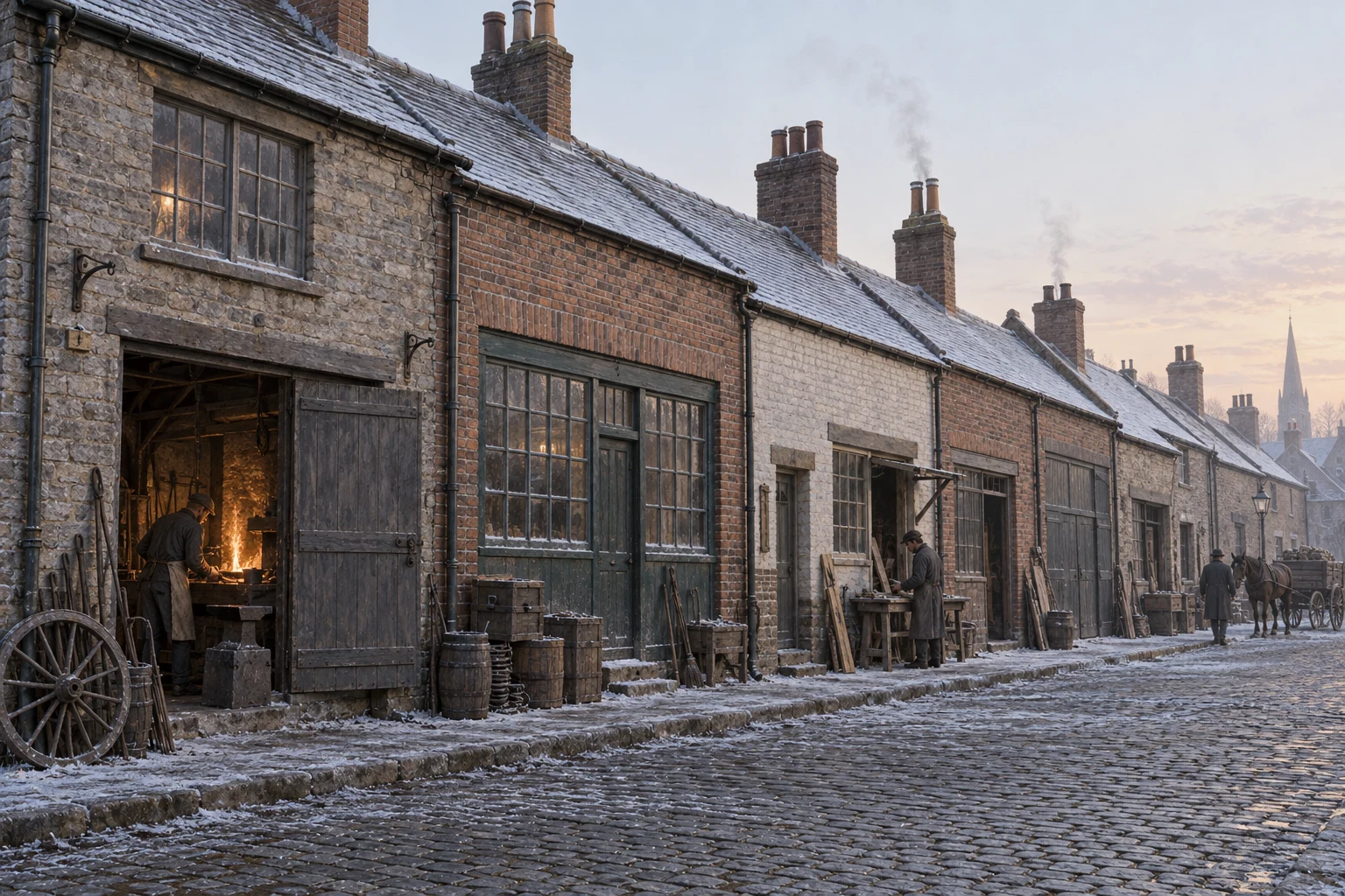Workshops, c. 1880; AI-generated historical interpretation set in Britain.