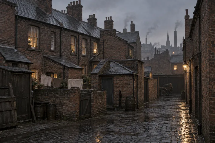 Back Streets & Courts, c. 1902; AI-generated historical interpretation set in Britain.