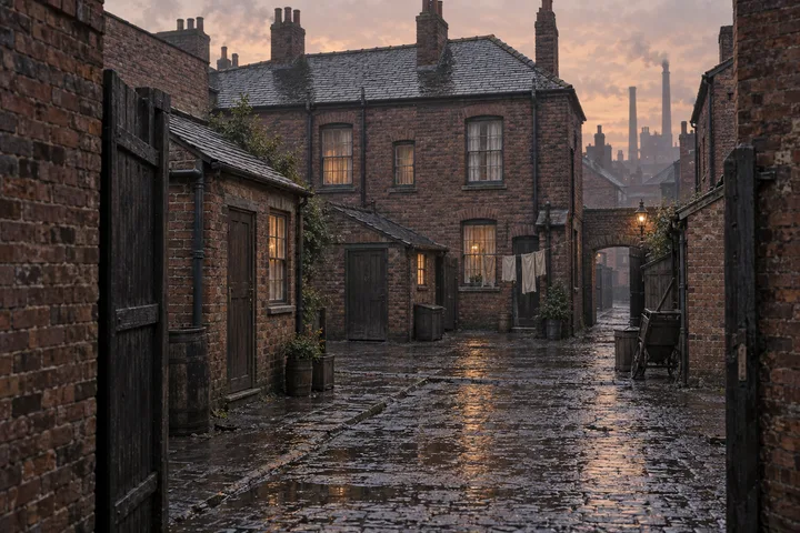 Back Streets & Courts, c. 1907; AI-generated historical interpretation set in Britain.