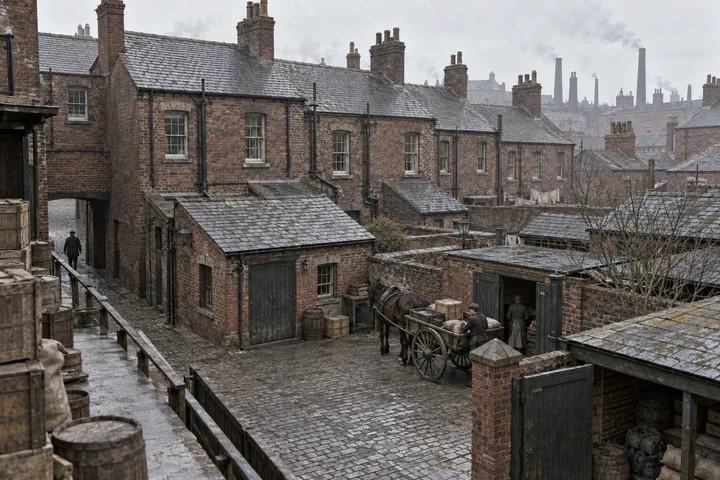 Back Streets & Courts, c. 1908; AI-generated historical interpretation set in Britain.