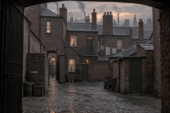 Back Streets & Courts, c. 1906; AI-generated historical interpretation set in Britain.