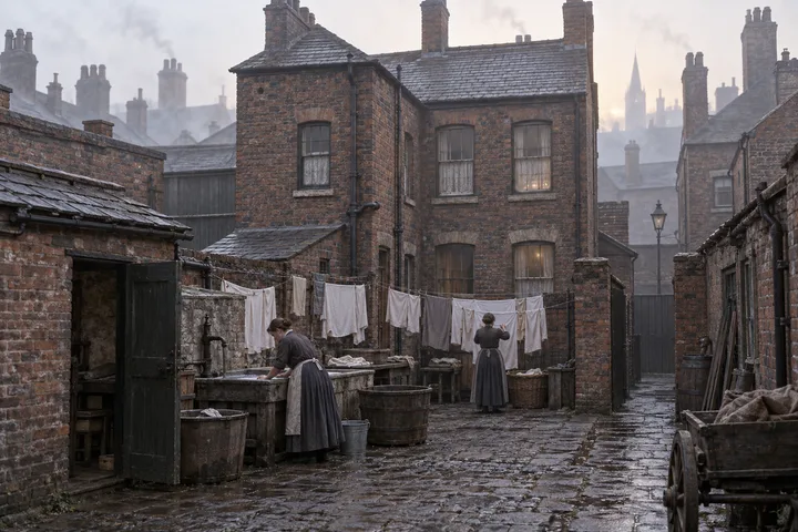 Back Streets & Courts, c. 1902; AI-generated historical interpretation set in Britain.