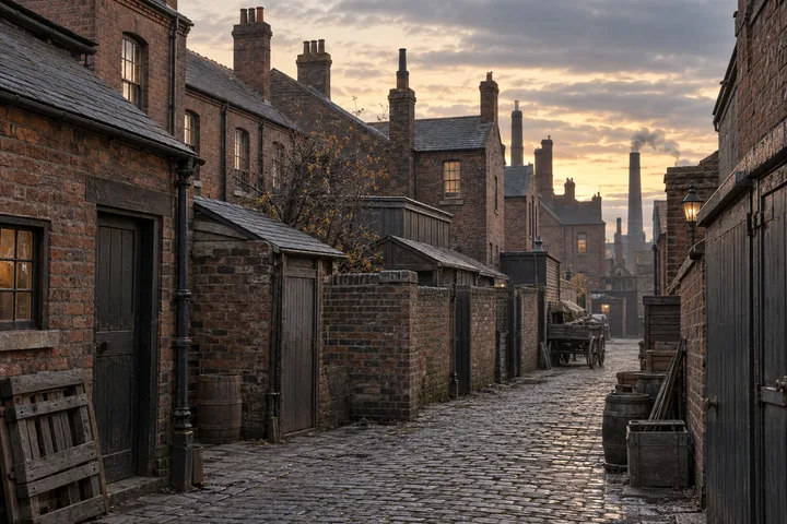 Back Streets & Courts, c. 1904; AI-generated historical interpretation set in Britain.