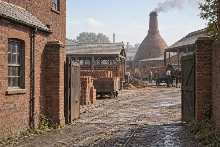 Brickworks, c. 1900; AI-generated historical interpretation set in Britain.
